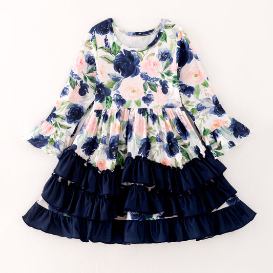 Girls Fall Autumn Pink Floral Navy Ruffled Long Sleeves Dress