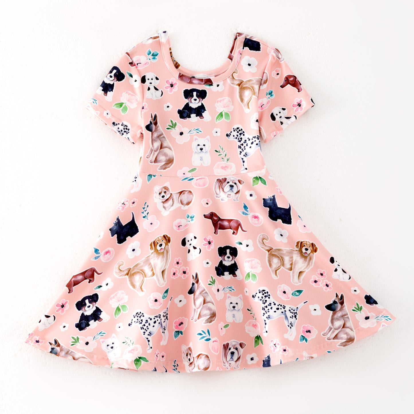 Girls Summer Pink Doggy Print Short Sleeves Twirl Dress