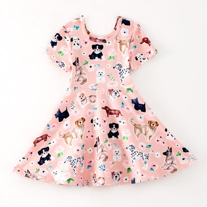 Girls Summer Pink Doggy Print Short Sleeves Twirl Dress