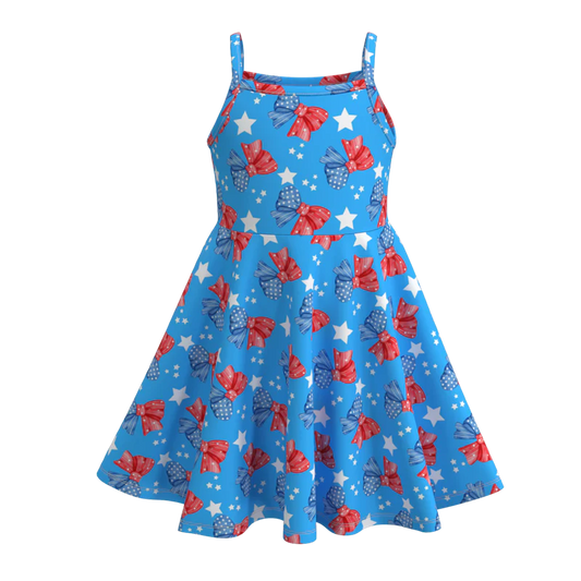 Grils July 4th Patriotic Red Blue Bow Dress