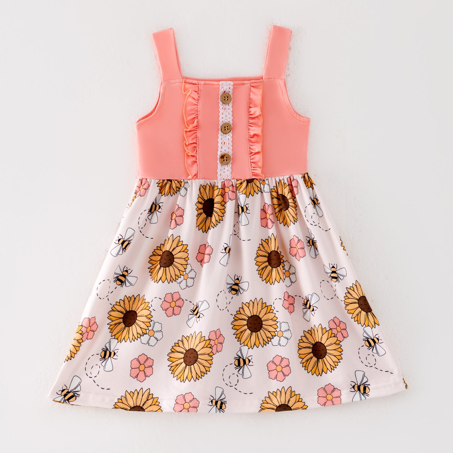 Girls Summer Bee Flower Lace Ruffled Dress