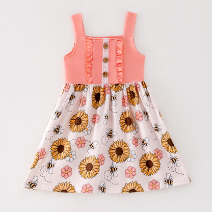 Girls Summer Bee Flower Lace Ruffled Dress