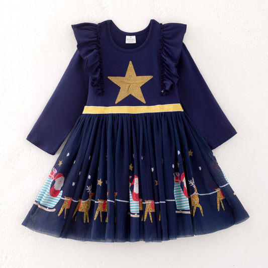 Girls Christmas Navy Gold Glitter Long Sleeves Dress
