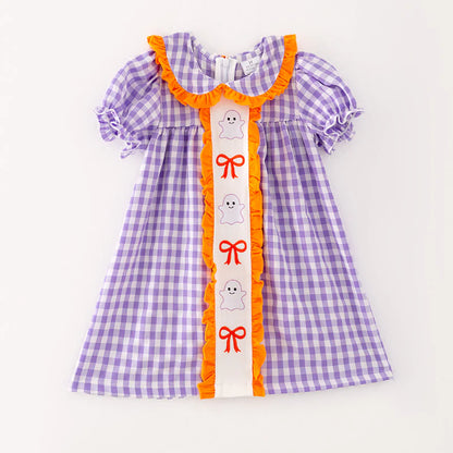 Girls Halloween Purple Orange Bow Ghost Embroidery Dress