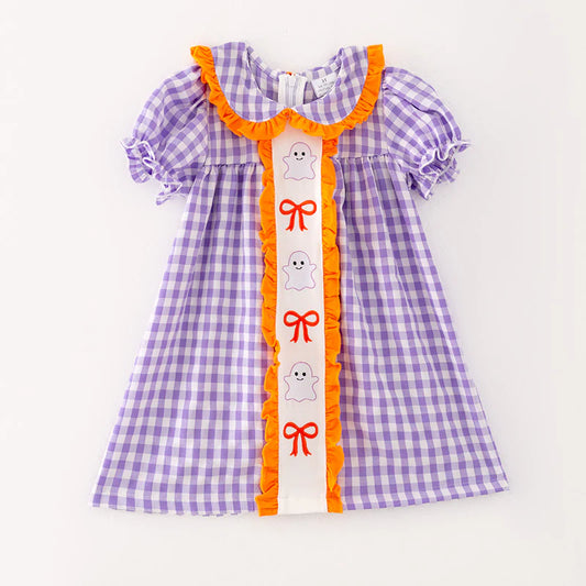 Girls Halloween Purple Orange Bow Ghost Embroidery Dress