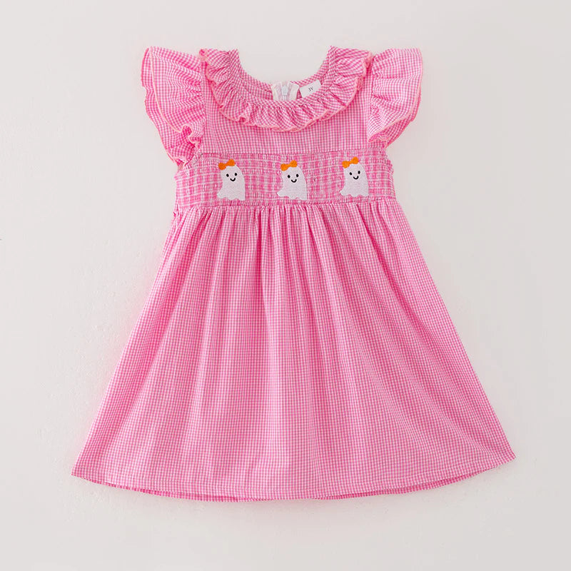 Girls Halloween Pink Ghost Smocked Embroidery Dress