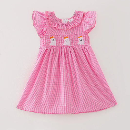 Girls Halloween Pink Ghost Smocked Embroidery Dress