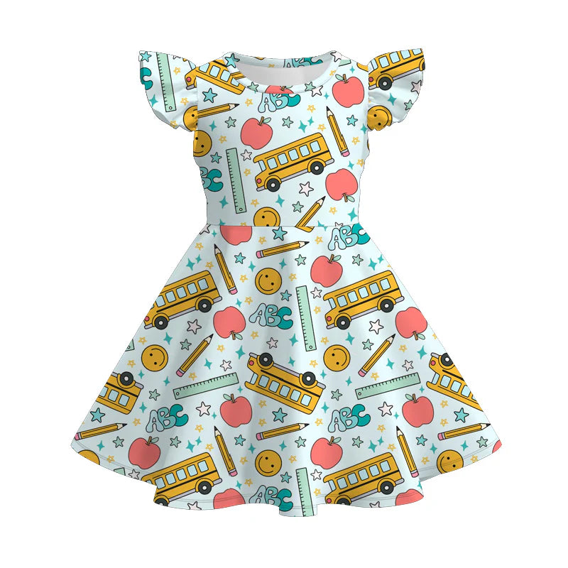Girls Back To School Apple Bus Pencil Print Twirl Dress