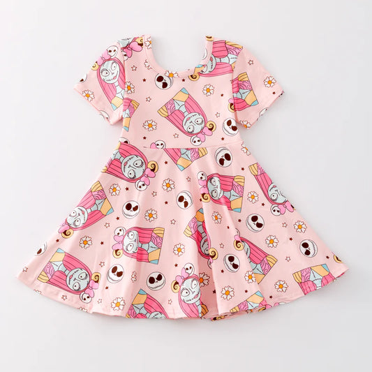 Girls Halloween Skull Cartoon Nightmare Pink Twirl Dress