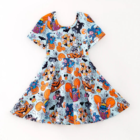 Girls Halloween Pumpkin Ghost Bat Cartoon Twirl Dress