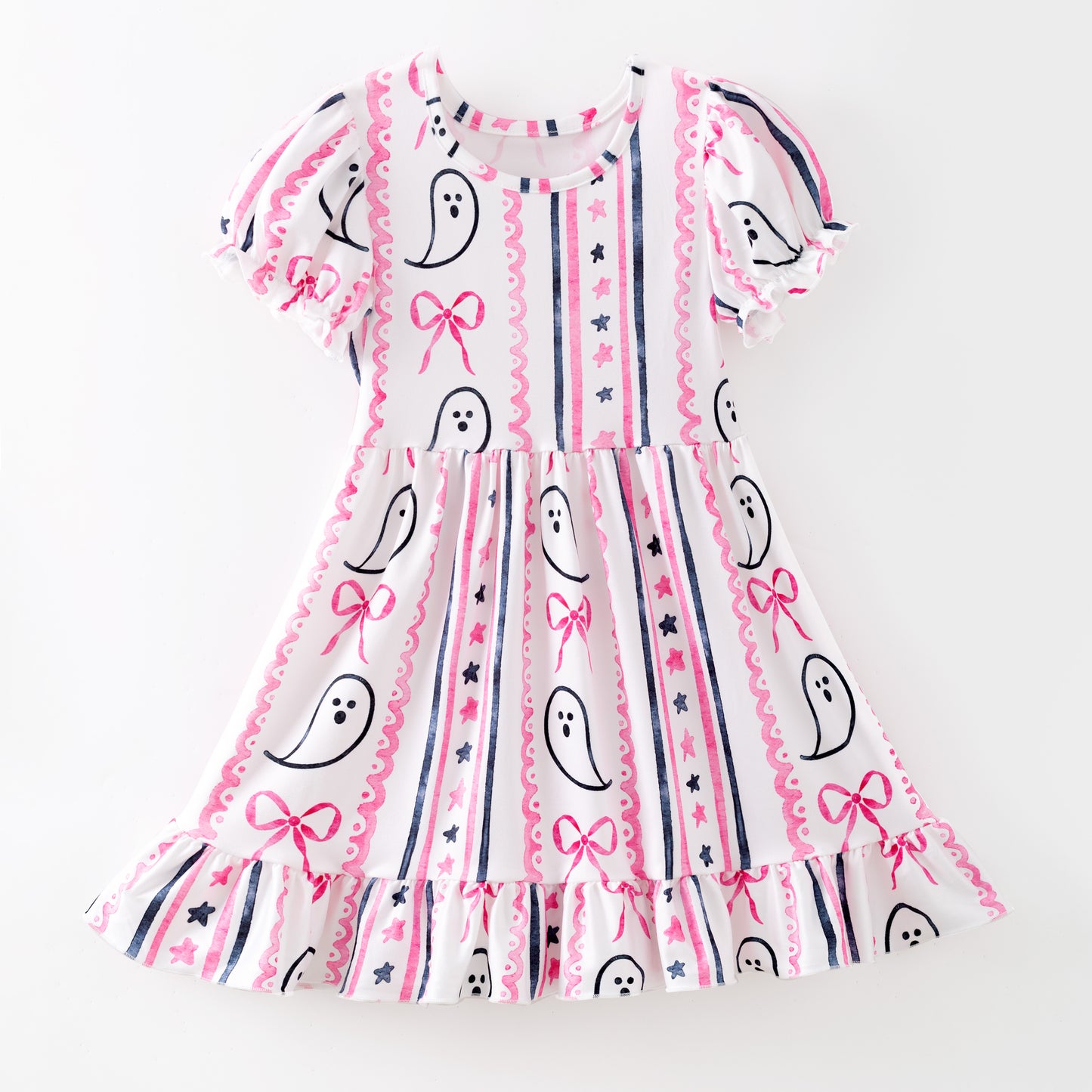 Girls Halloween Pink Ghost Bow Print Milk Silk Soft Dress