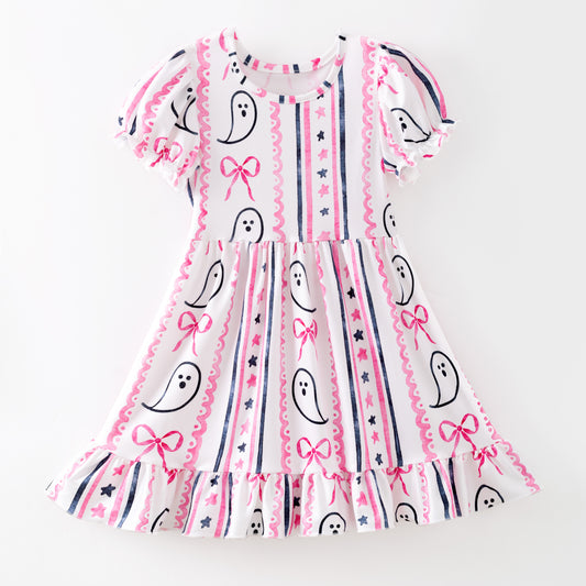 Girls Halloween Pink Ghost Bow Print Milk Silk Soft Dress