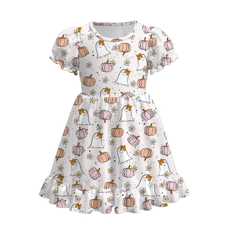 Toddler Girls Halloween Pumpkin Ghost Flower Print Dress