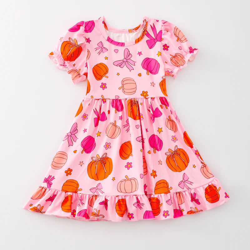 Toddler Girls Halloween Orange Bow Pumpkin Print Dress