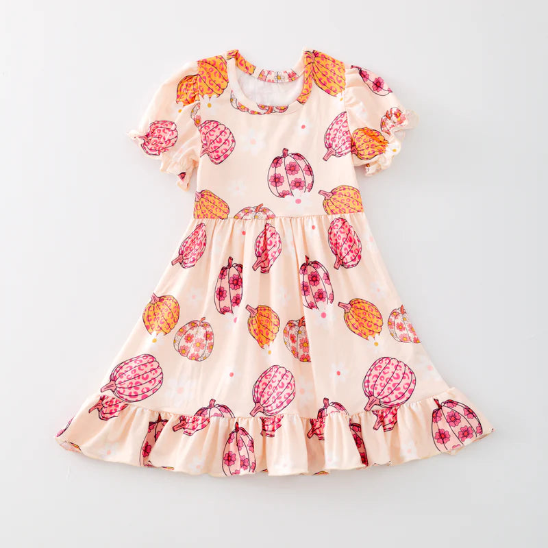 Toddler Girls Halloween Beige Pumpkin Print Soft Dress