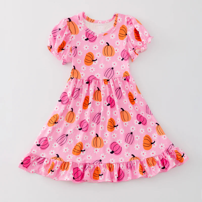 Toddler Girls Halloween Pink Pumpkin Print Soft Dress