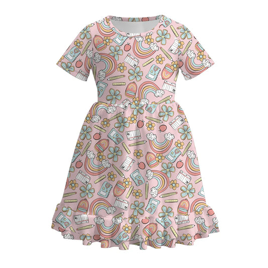 Girls Back To School Pink Rainbow Flower Twirl Dress