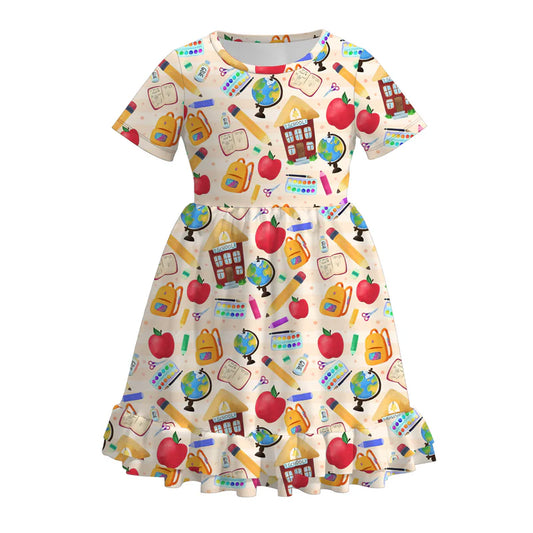 Girls Back To School Apple Pencil Print Twirl Dress