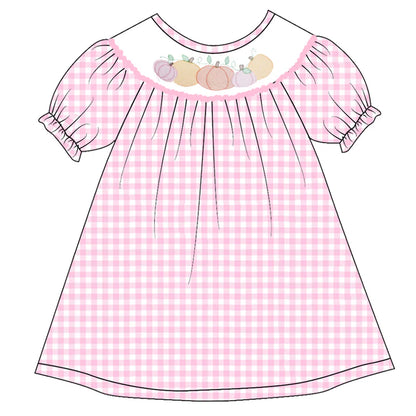Girls Halloween Pink Plaid Pumpkin Ghost Embroidery Smock Dress