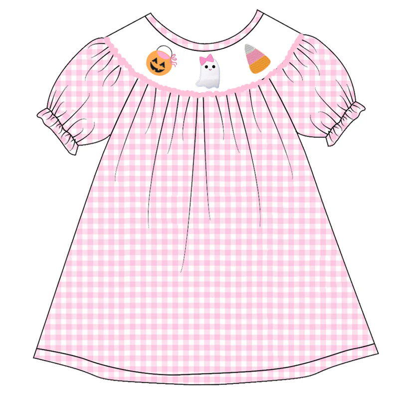 Girls Halloween Pink Plaid Pumpkin Ghost Embroidery Smock Dress