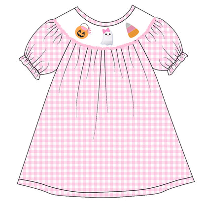 Girls Halloween Pink Plaid Pumpkin Ghost Embroidery Smock Dress