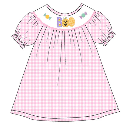 Girls Halloween Pink Plaid Pumpkin Ghost Embroidery Smock Dress