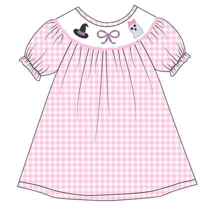 Girls Halloween Pink Plaid Pumpkin Ghost Embroidery Smock Dress