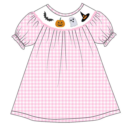 Girls Halloween Pink Plaid Pumpkin Ghost Embroidery Smock Dress