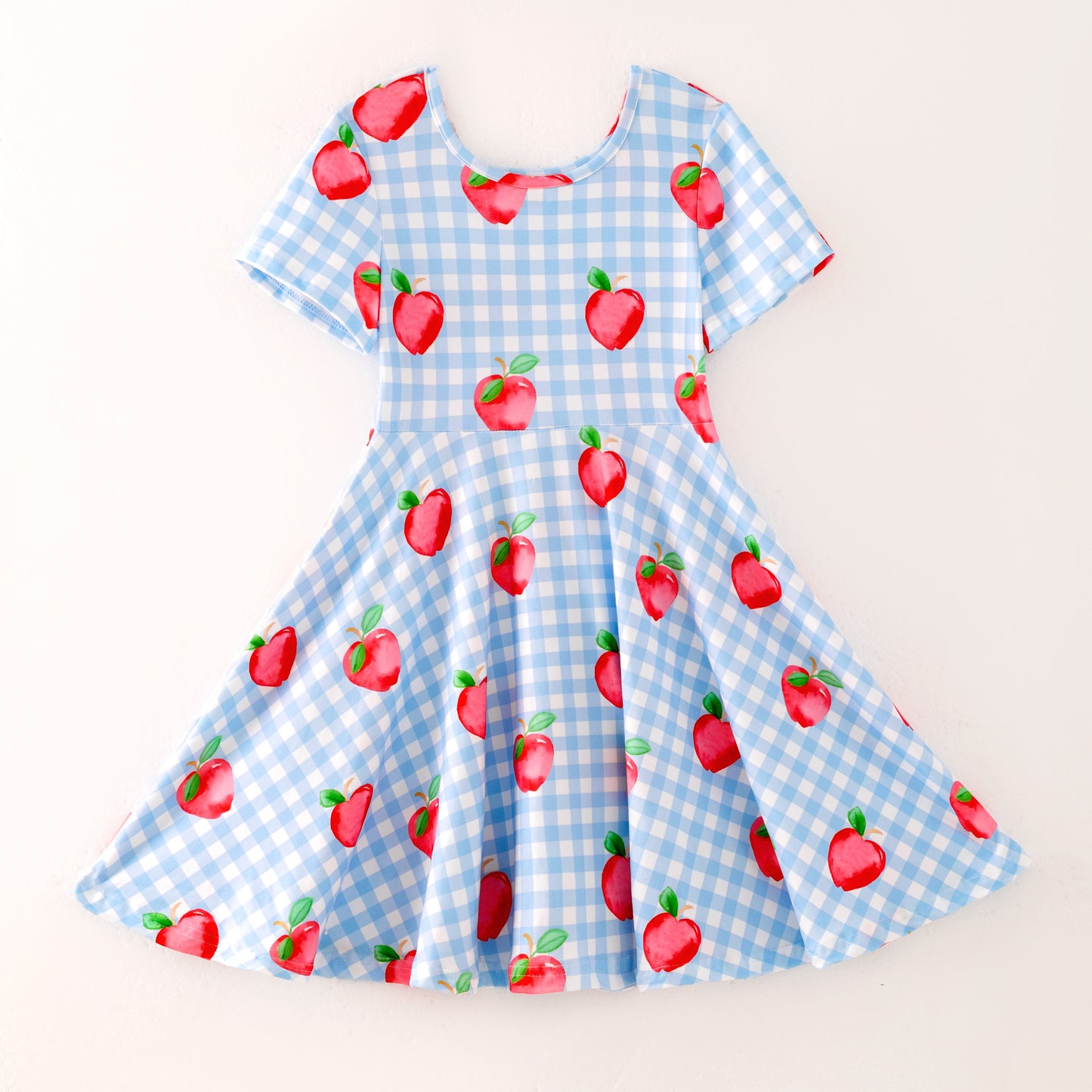 Hot Seller Girls Back To School Blue Plaid Apple Twirl Dress