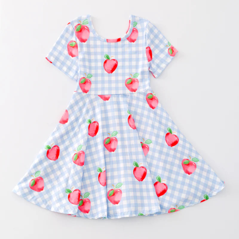 Hot Seller Girls Back To School Blue Plaid Apple Twirl Dress