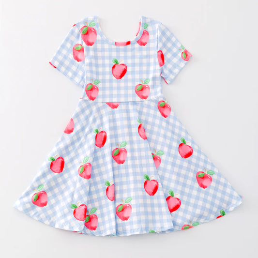Hot Seller Girls Back To School Blue Plaid Apple Twirl Dress
