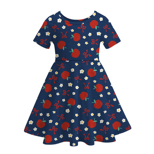 Fashion Girls Back To School Navy Bow Apple Twirl Dress