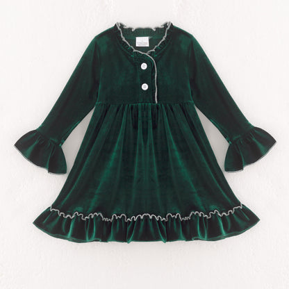 Girls Christmas Green long Sleeves Velvet Ruffled Dress