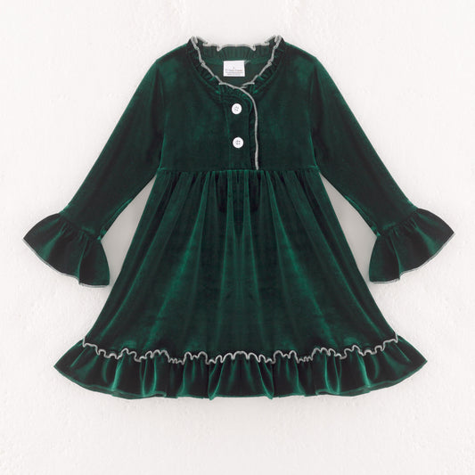Girls Christmas Green long Sleeves Velvet Ruffled Dress