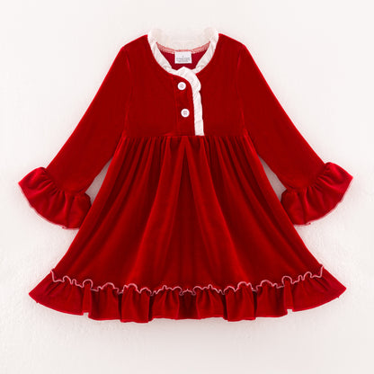 Girls Christmas Red long Sleeves Velvet Ruffled Dress