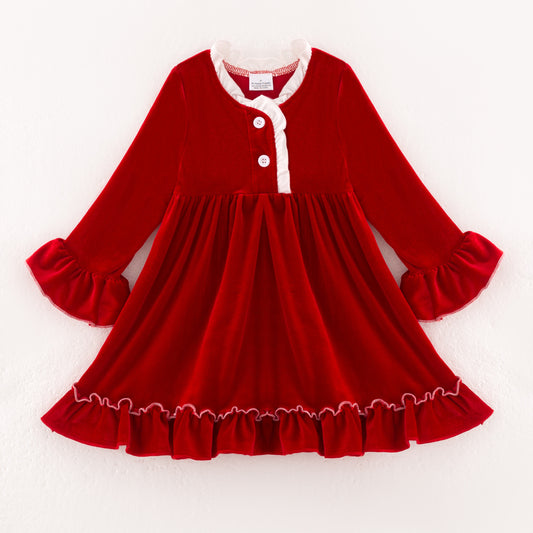 Girls Christmas Red long Sleeves Velvet Ruffled Dress