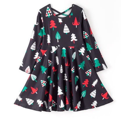 Girls Christmas Red Green Christmas Tree Long Sleeves Dress