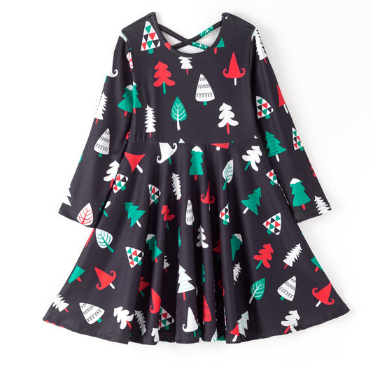 Girls Christmas Red Green Christmas Tree Long Sleeves Dress