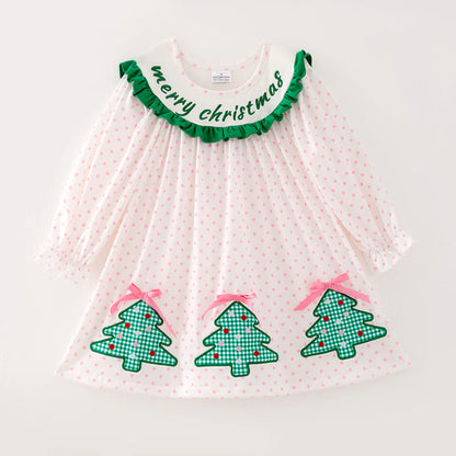 Girls Pink Dot Merry Christmas Embroidery Dress