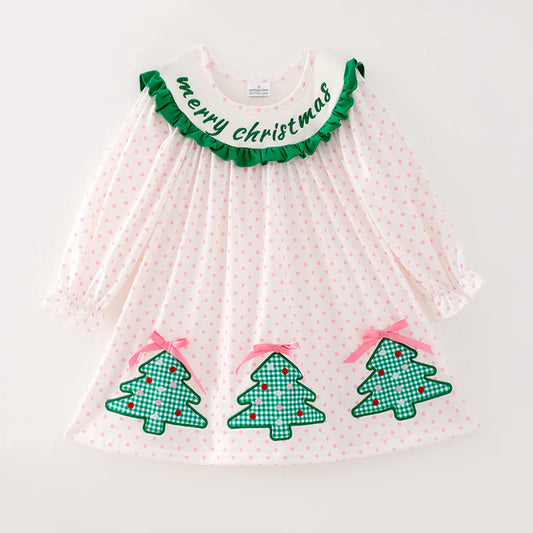 Girls Pink Dot Merry Christmas Embroidery Dress