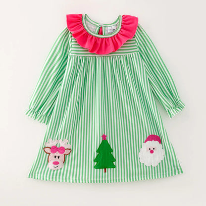Girls Reindeer Christmas Tree Santa Embroidery Green Stripes Dress & Pant Set