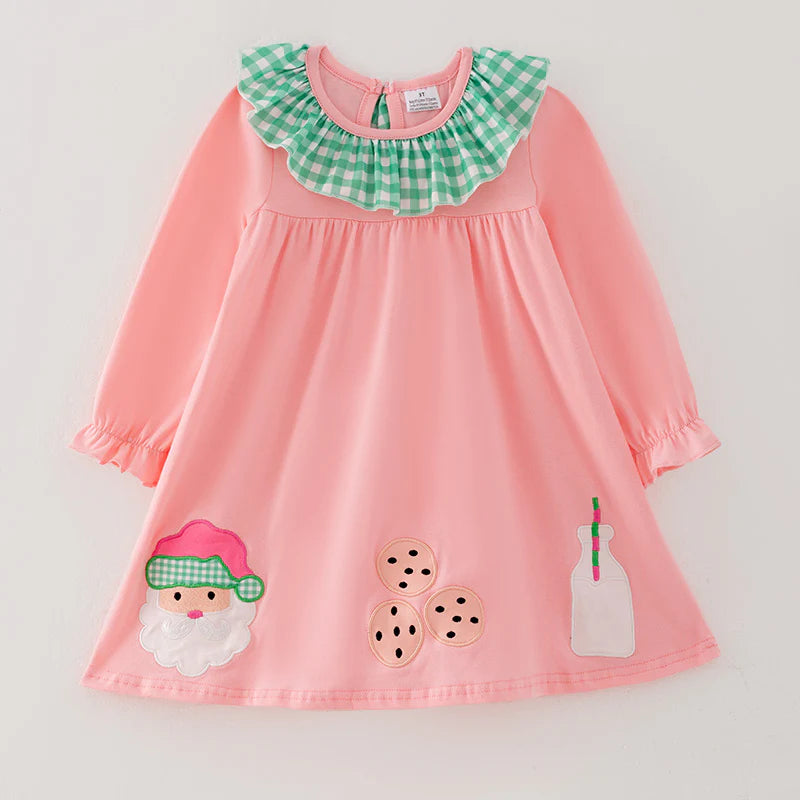 Girls Christmas Santa Cookies Embroidery Pink Green Plaid Set & Dress