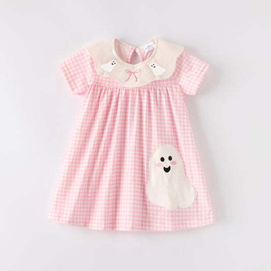 Girls Halloween Pink Plaid Ghost Applique Dress