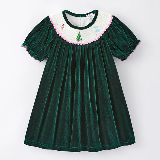 Girls Christmas Green Red Reindeer Santa Embroidery Dress Romper