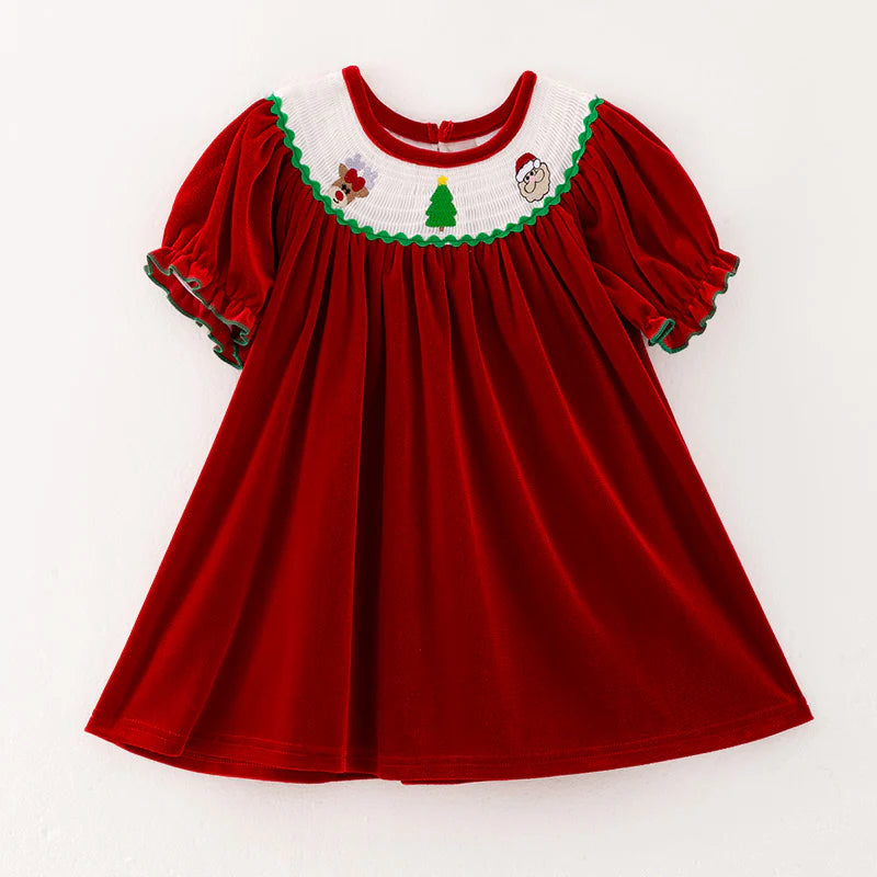 Girls Christmas Green Red Reindeer Santa Embroidery Dress Romper