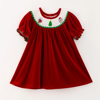 Girls Christmas Green Red Reindeer Santa Embroidery Dress Romper