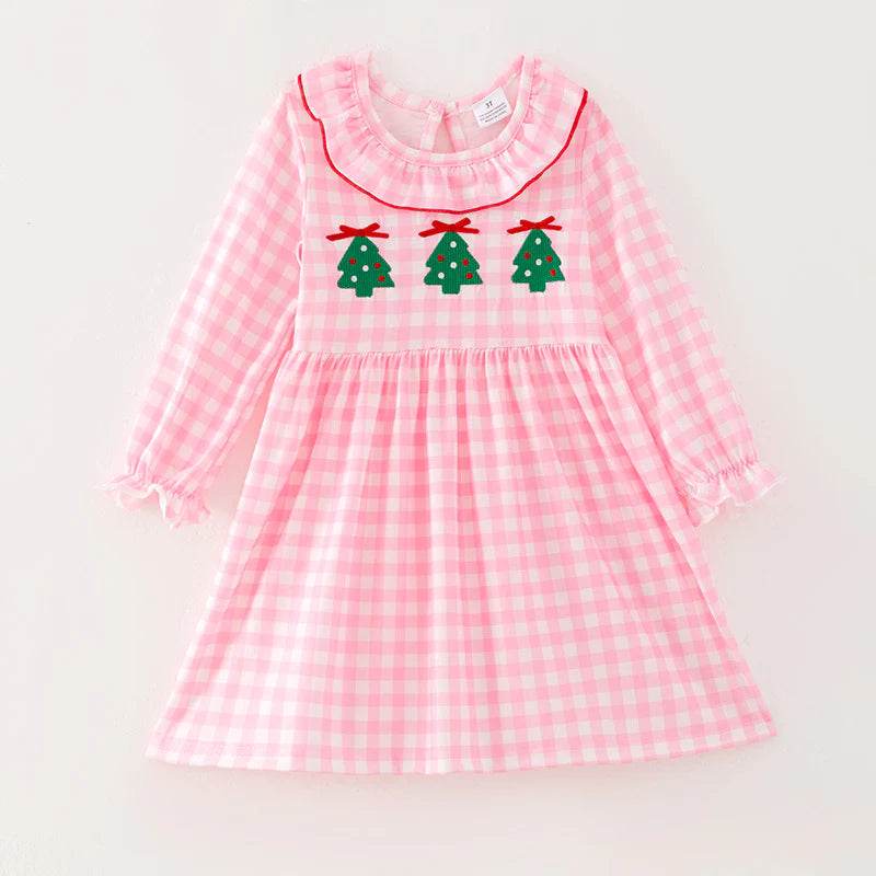 Girls Christmas Pink Plaid Christmas Tree Emrboidery Outfit Set Dress