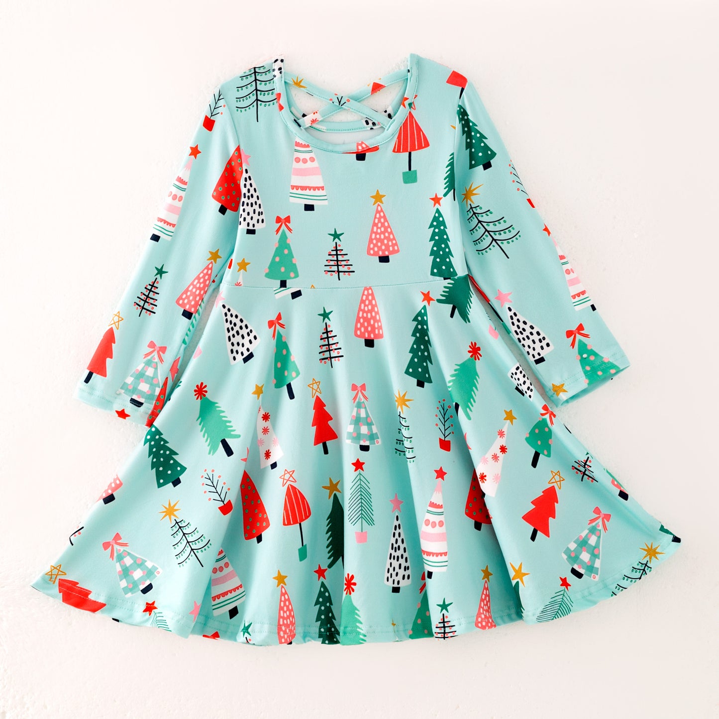 Girls Christmas Tree Long Sleeves Twirl Dress
