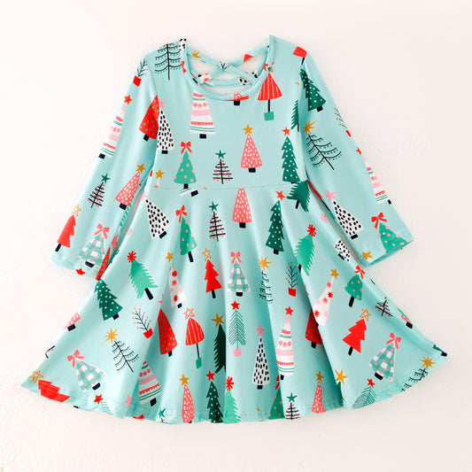 Girls Christmas Tree Long Sleeves Twirl Dress