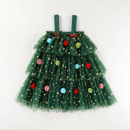 Christmas Pom Pom Green Tulle Ruffled Fashion Slip Dress
